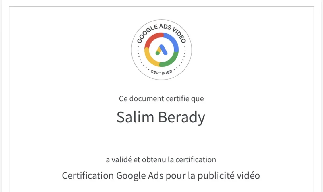 Certification Google Ads Video - Salim Berady